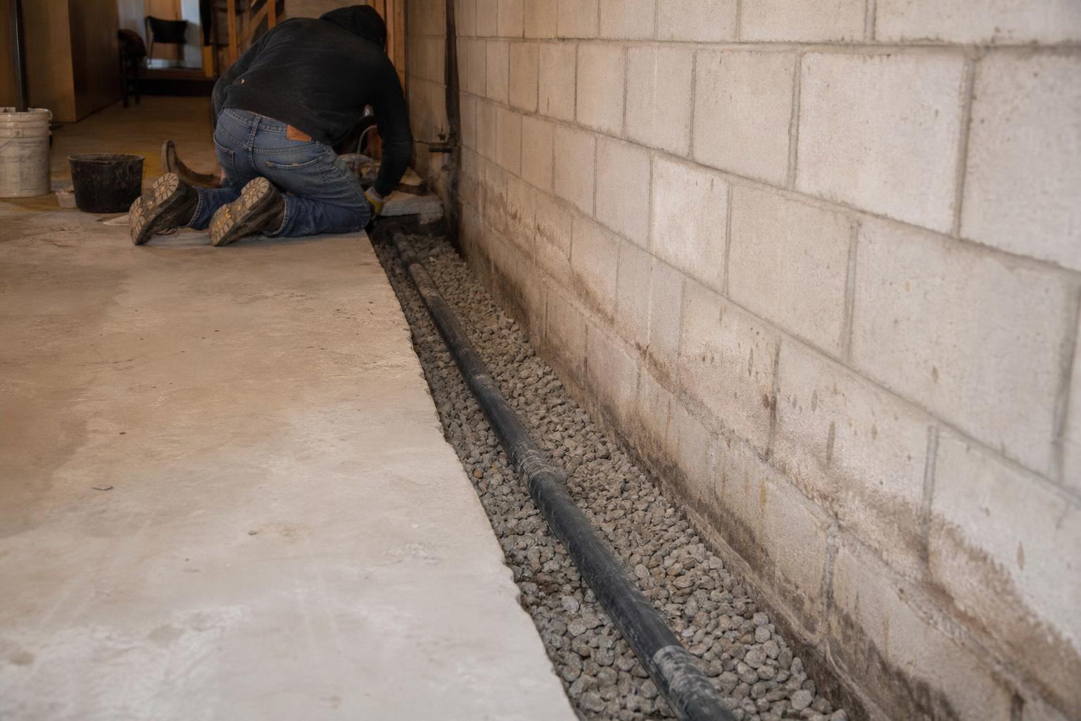 Interior Vs Exterior Basement Waterproofing — AI-generated illustration comparing interior drain tile and exterior foundation excavation waterproofing methods — for reference only, not photos of actual jobs