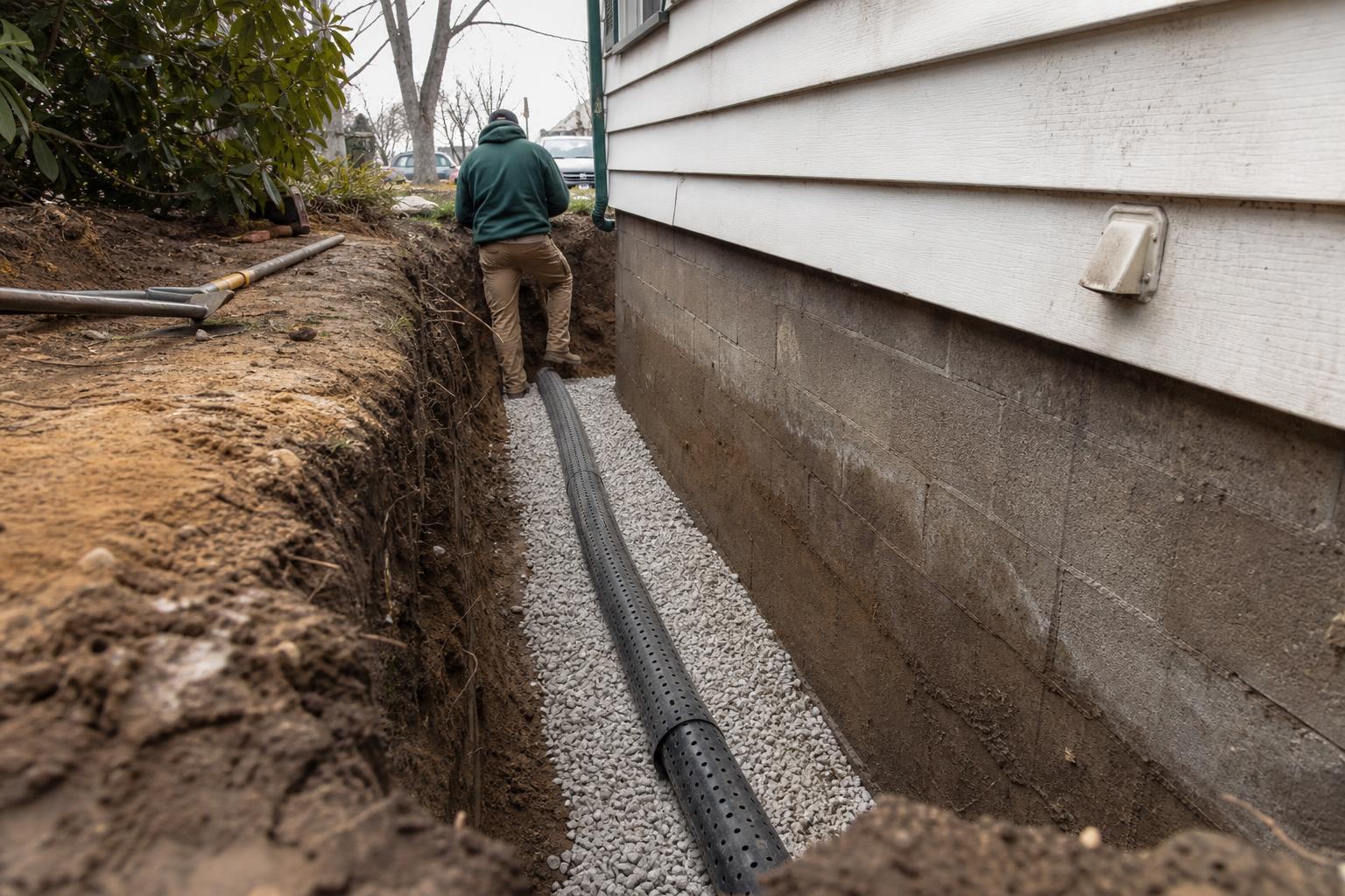 AI-generated illustration of a basement window well with gravel drainage being repaired outside a Fort Wayne home — for reference only, not a photo of an actual job